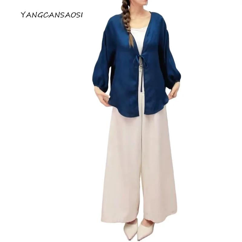 

Женская модная одежда, дышащая 100% натуральная шелковая шелковица, Gambiered, Гуандун, марлевые рукава-фонарики, искусственная синяя шаль Luo