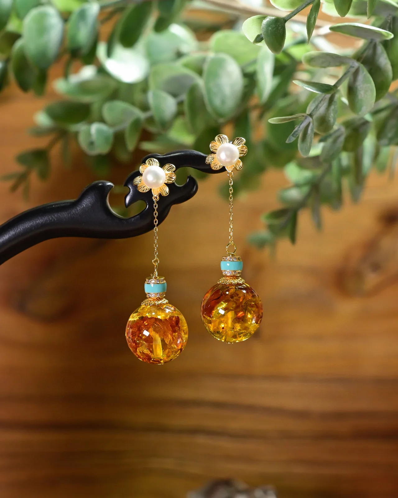 

Golden Amber & Pearl Earrings Chinese Ancient Style, 925 Sterling Silver Vintage Ethnic Jewelry