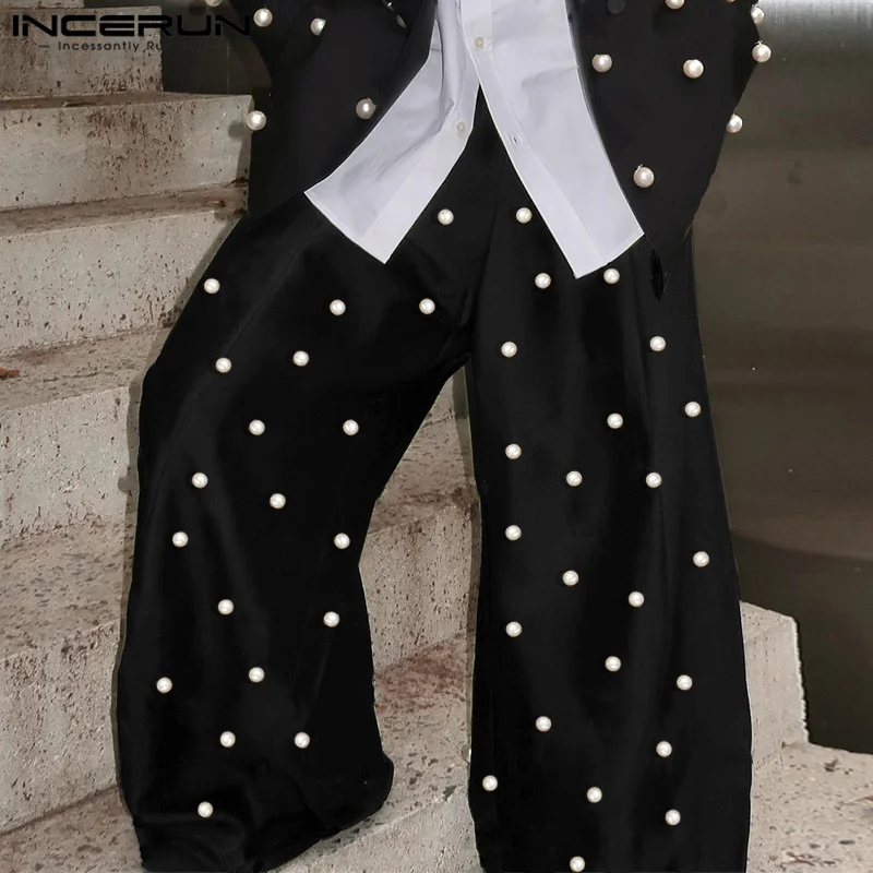 INCERUN 2025 Korean Style Trousers Stylish New Men Solid Pearl Decoration Design Pants Party Shows Male Straight Leg Pantalons