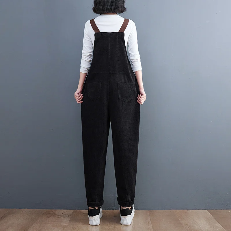 #2358 Autumn Winter Corduroy Jumpsuits Women Pockets Loose Rompers Womens Ladies Harem Overalls Long Jumpsuit Female Black Red