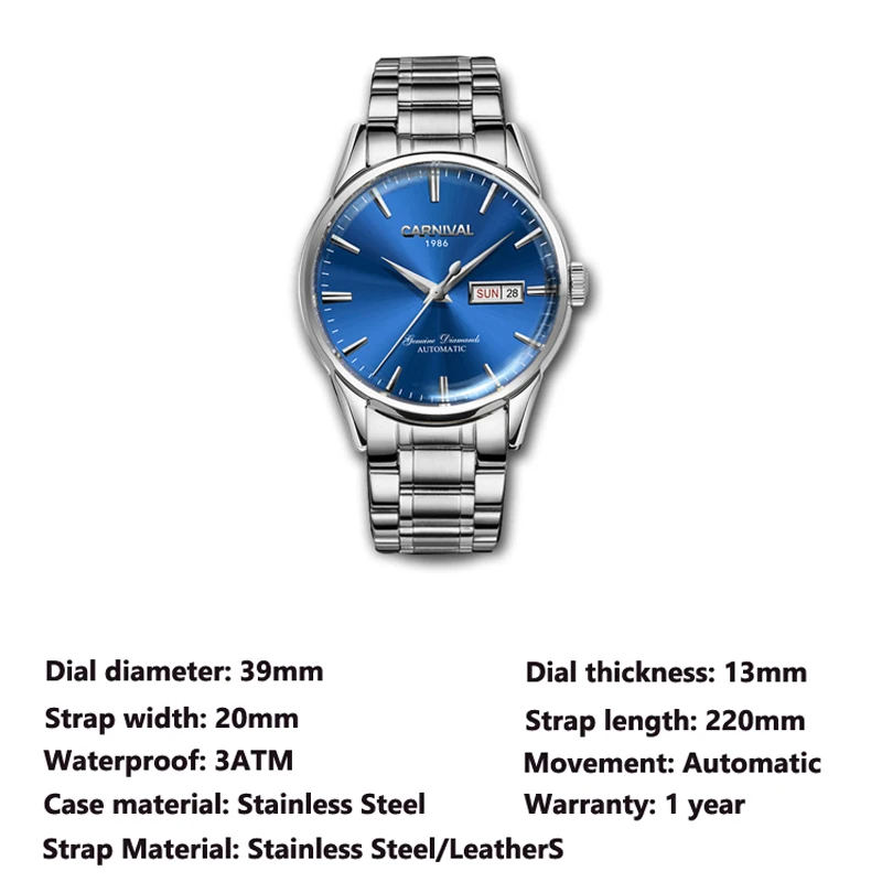 CARNIVAL New Automatic Mechanical Watch Men Luxury 3ATM Waterproof Stainless Steel Man Date Watches  Relogio Masculino