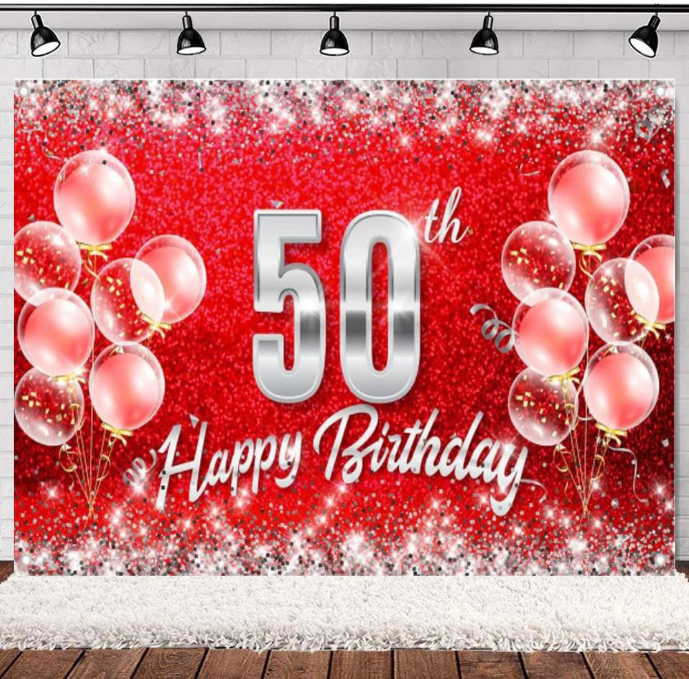 Red And Silver Happy 50th Birthday Photography Backdrop Banner For Women Men 50 Years Old Bday Background Party Decor Supplies