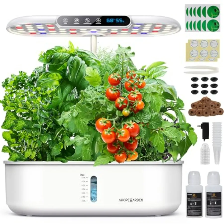 

Indoor Hydroponics Garden Kit with 12 Pods LED Grow Light LCD Temperature Humidity Display Smart Quiet Pump for Herbs Lettuce V