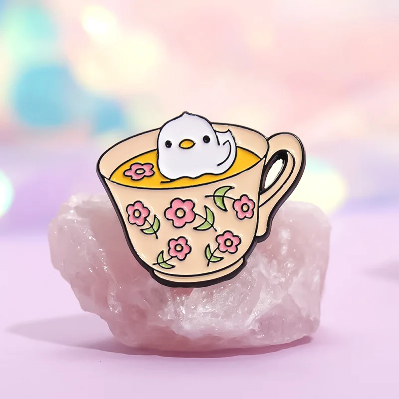 Creative Animal And Vintage Coffee Cup Combined Brooch Pins Cartoon Frog Cat Chicken Capybara Enamel Lapel Pin Jewelry Prop Acce