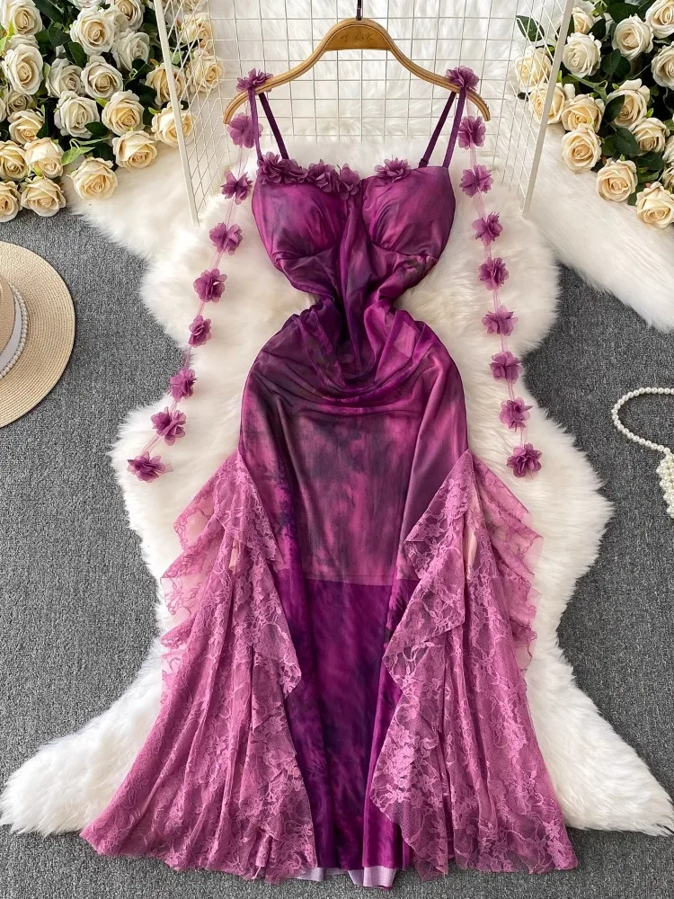 

Платье с богемным принтом, лоскутное кружевное длинное платье с 3D цветком, женское платье 2022, Vestidos Mujer, халат на бретельках, женские летние платья с открытой спиной