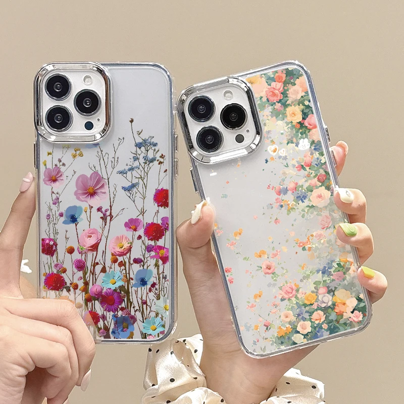 Luxury Garden Flower Case For iPhone 15 Pro Max Coque iPhone 11 12 13 14 16 Pro Max Plating Lens Frane Clear Soft Silicone Cover