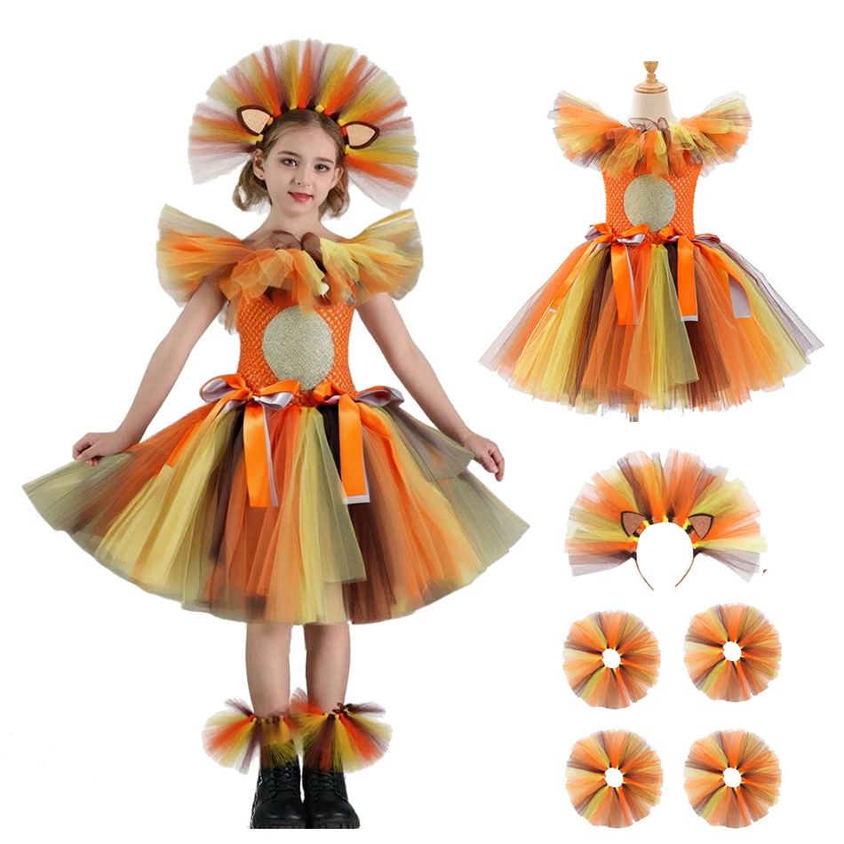 

Girls Halloween Costume Children Jungle Lion King Cartoon Puffy Dress Girls Summer Mesh Dress Children Animal Acting Costume