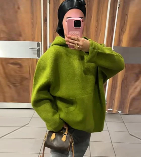 

Hoodies Knitted Sweaters Women Fashion Green Ful Lsleeve Pocket Thiken Loose Pullovers 2025 Autumn Winter Casual Knitwear Lady