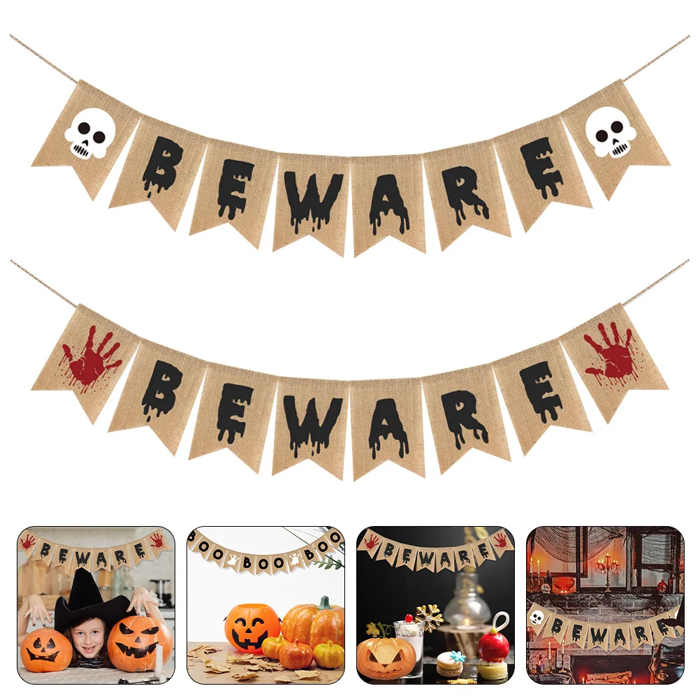 

2 Pcs Halloween Banner Garland Supply Party Bunting for Layout Prop Festive Ornament Decor Fence Beware Decoration