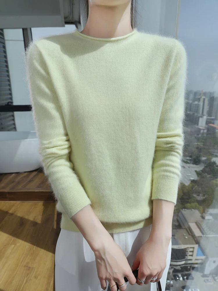 

TLOML осенне-зимний женский норковый кашемировый свитер с круглым вырезом, пуловер с загнутым воротником, базовый мягкий низ, тканевый топ из 100% норкового кашемира