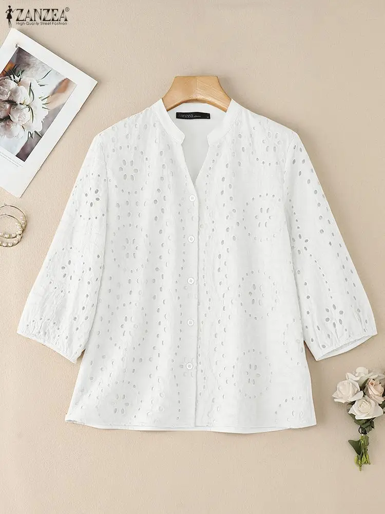 ZANZEA Women Shirt Stylish Hollow Out Embroidered Blouse Autumn Elegant V Neck 3/4 Sleeve Tops Patchwork Work Blusas Mujer Femme