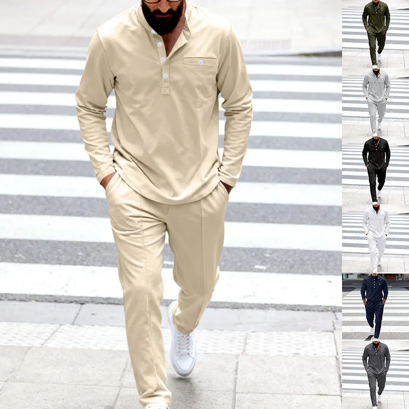 

2025 Autumn New Men Henry Shirt Long Sleeve Pants Suit Small Twill Round Neck Loose Casual Commuting Multiple Colors Optional