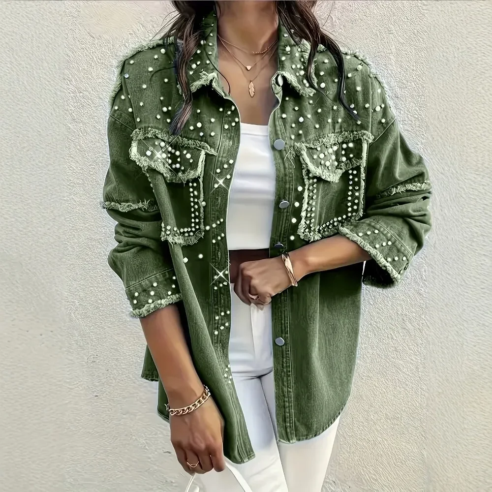 Women New Pearl Rhinestone Embellished Washed Denim Jacket Casual Daily Office Work Resort Wear Minimalist Chic Ladies Outerwear
