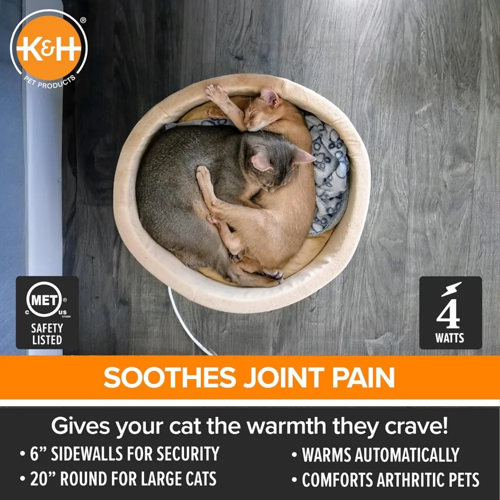 Large Indoor Pet Beds: Calming Warming Pillow, Machine Washable, Removable Heater, Safety Listed - 20" Round Sage/Tan view 3
