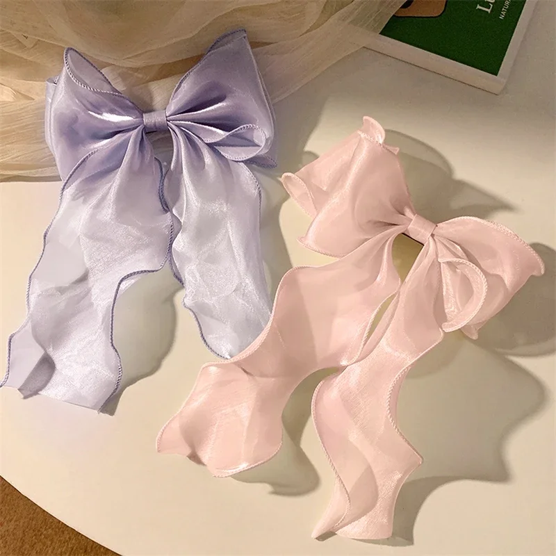 Neue Damen-Haarspange im französischen Stil, süß, rosa-lila, aus Chiffon, mit Schleife und Band, für Freundin, Pferdeschwanz-Clip, Haaraccessoire, Geschenk – Detail 2