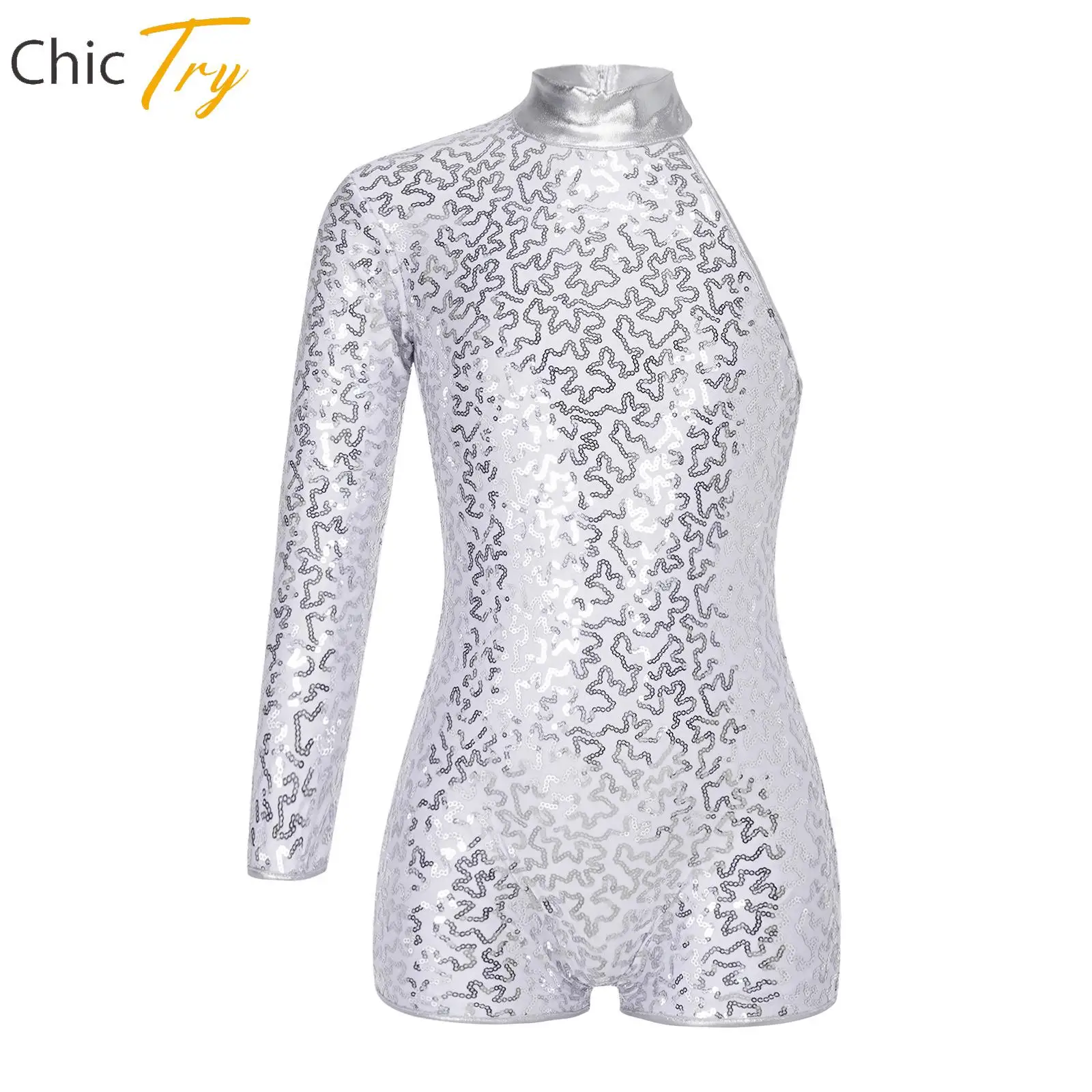 

Kids Girls Glitter Sequins Leotard for Ballet Gymnastics Costume Modern Jazz Dance Shorty Unitard Single Long Sleeve Bodysuit