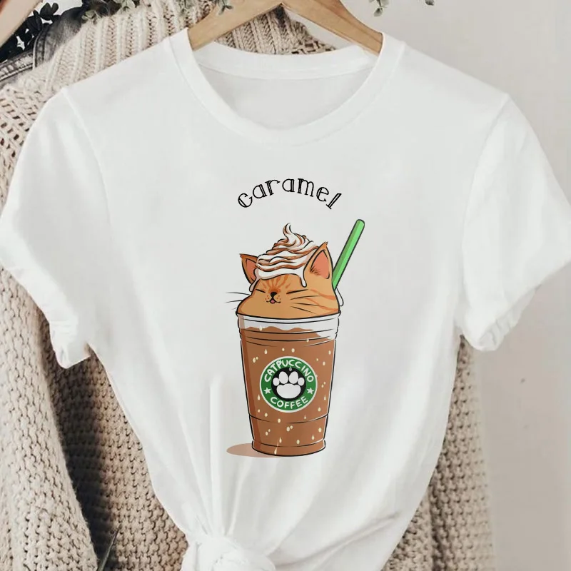 

2022 Kawaii Paw Coffee Print T-shirt Women Harajuku Aesthetic Cartoon Tshirt Ladies White Tops Anime Female T Shirt Clothing