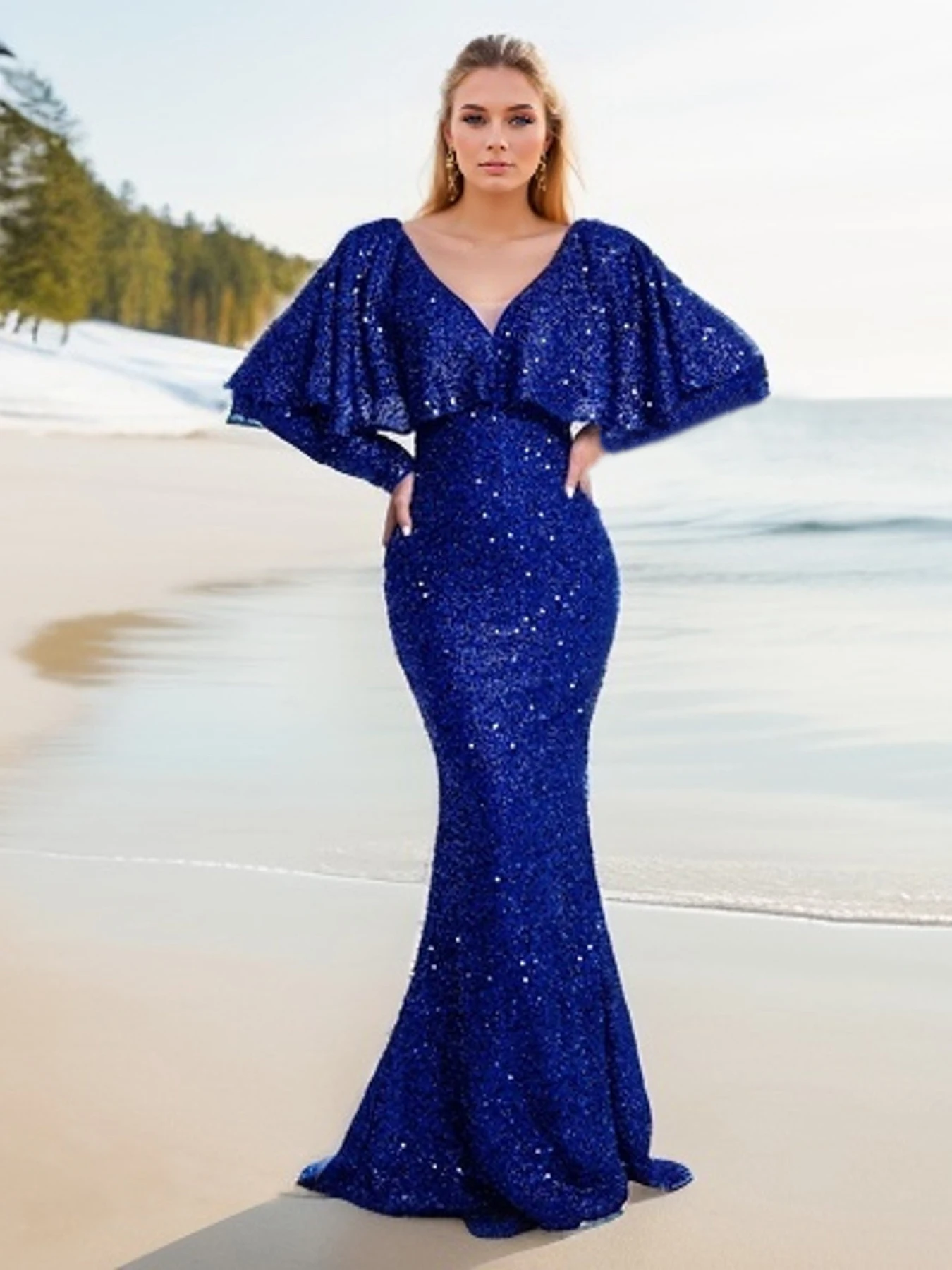 

V Neck Cloak Sleeves Full Sleeved Sequins Women Long Mermaid Dress Mermaid Bodycon Elegant Evening Party Dresses Winter
