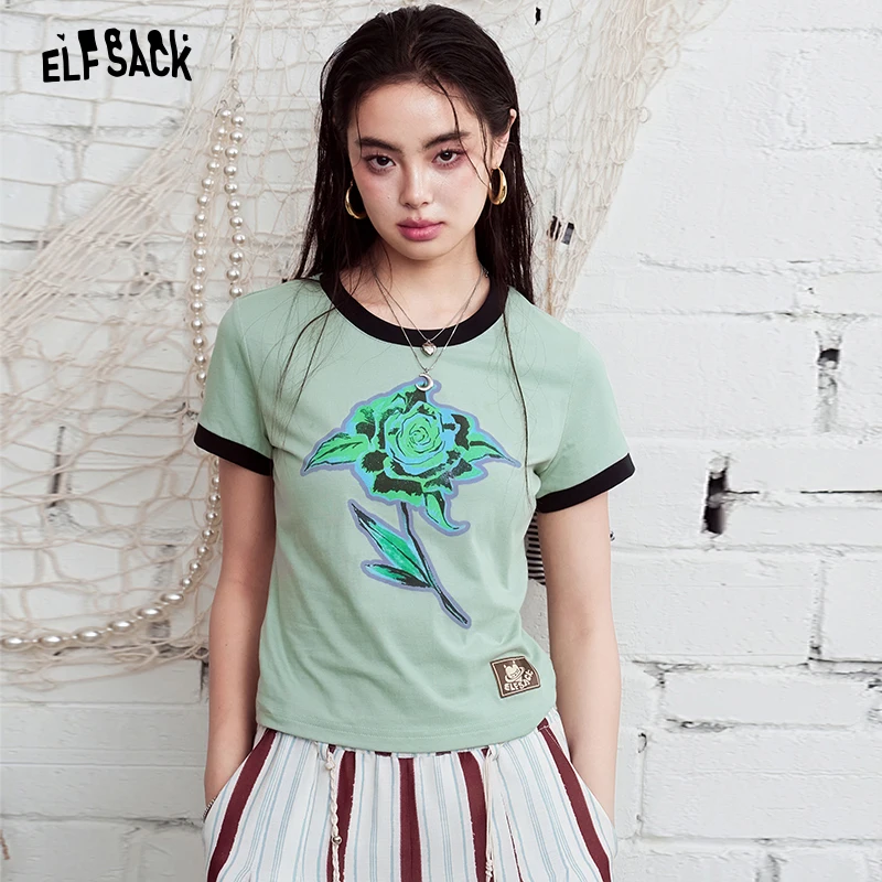 

ELFSACK Rose Print Cropped Ringer T-Shirt, Color-Block Trim Baby Tee