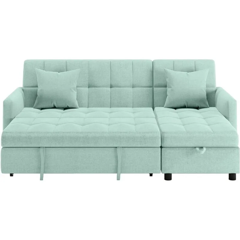 Tufted backrest sofa bed easy to pull out square arm fabric upholstery living room storage wooden frame