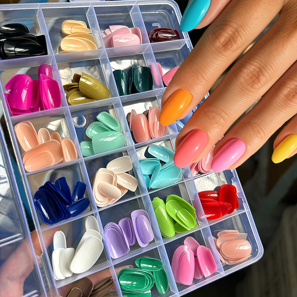 24colors Short Almonds Macarons Fake Nails Glossy Low Saturation Green Red Pink Artificial Nails Full Cover Summer False Nails