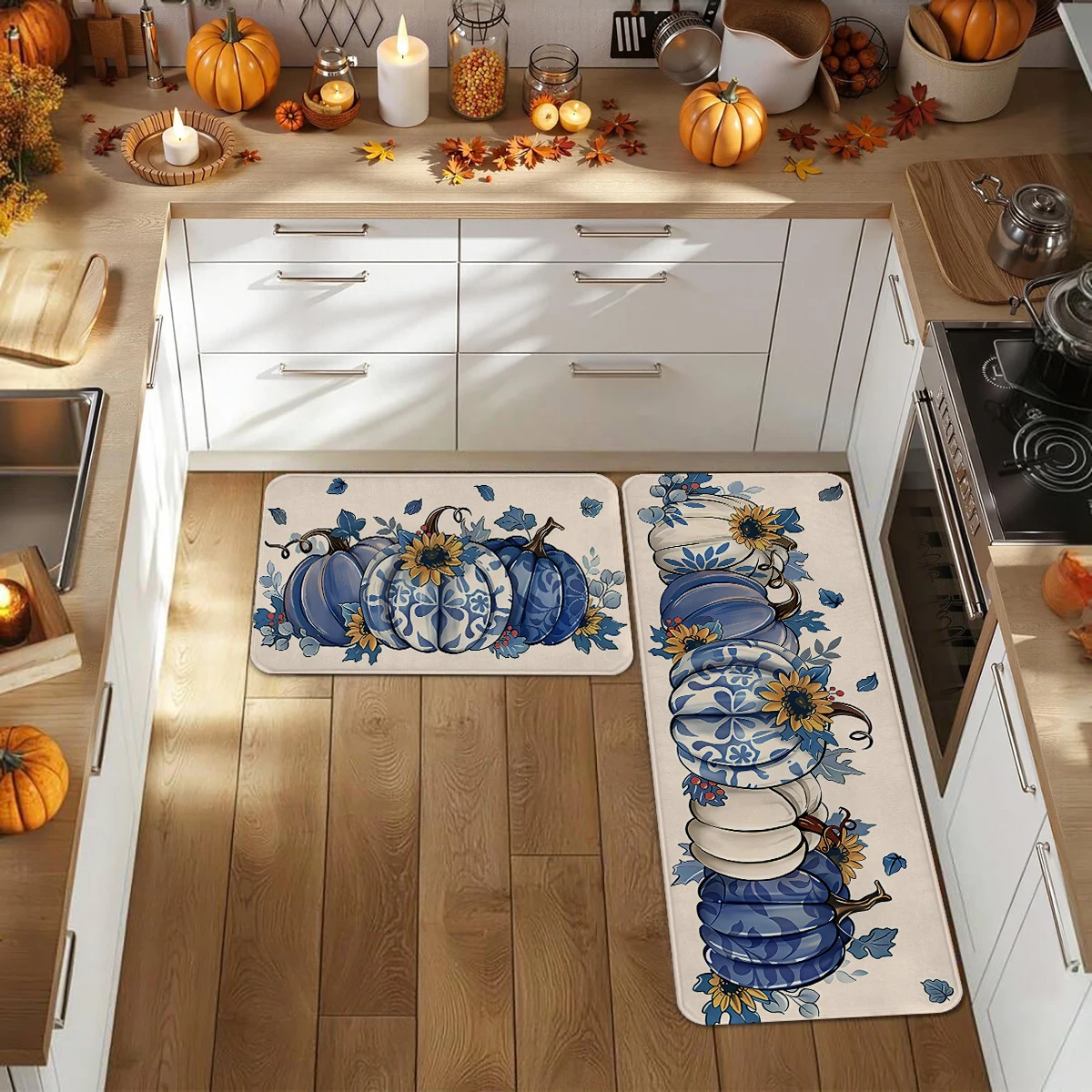 1 قطعة السجاد الشكر الرجعية الكلمة حصيرة عباد الشمس الأزرق اليقطين السجاد المضادة للانزلاق الكلمة حصيرة الخريف باب ديكور المنزل