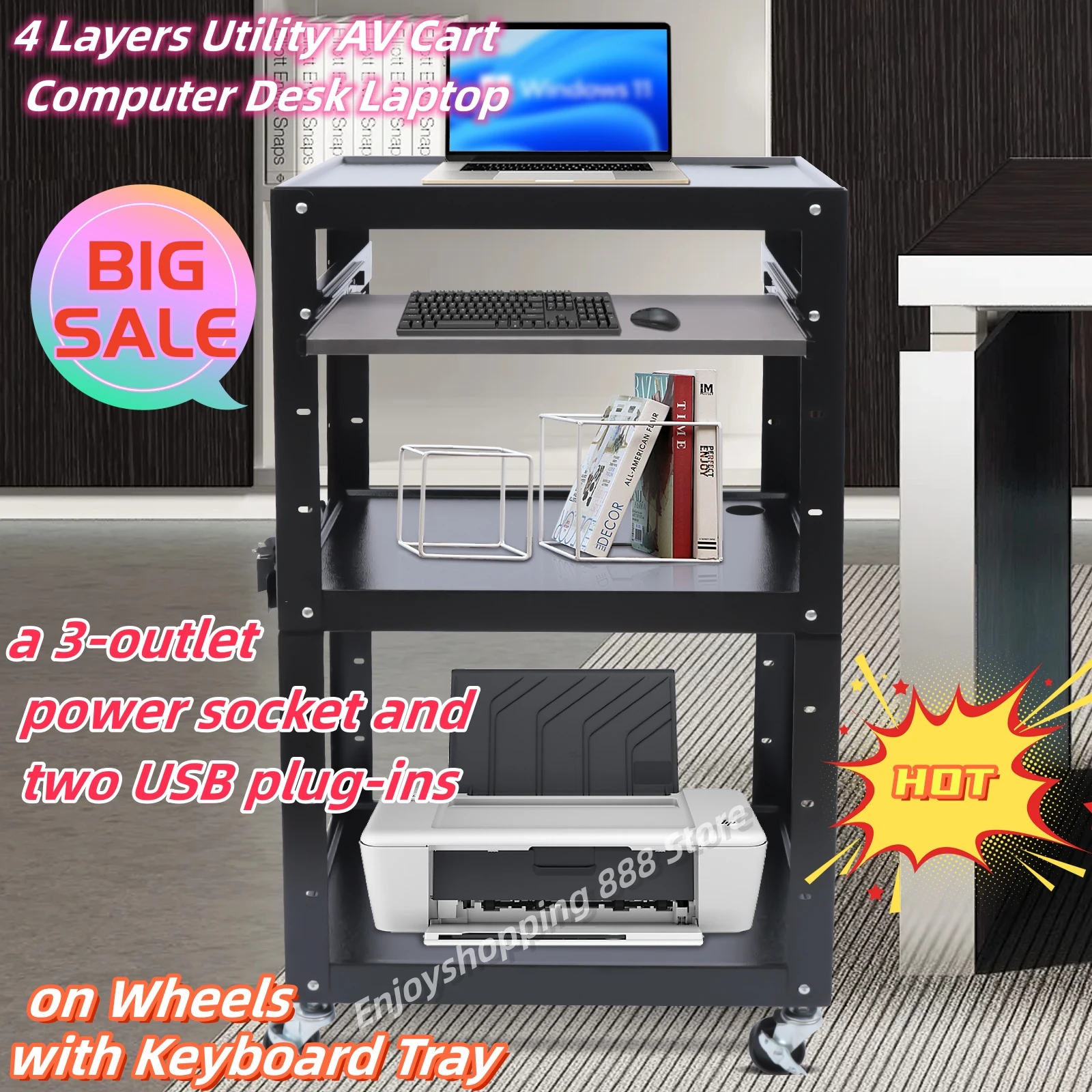 

4 Layers Utility AV Cart Computer Desk Laptop Work on Wheels with Keyboard Tray Home Office Max.66lbs