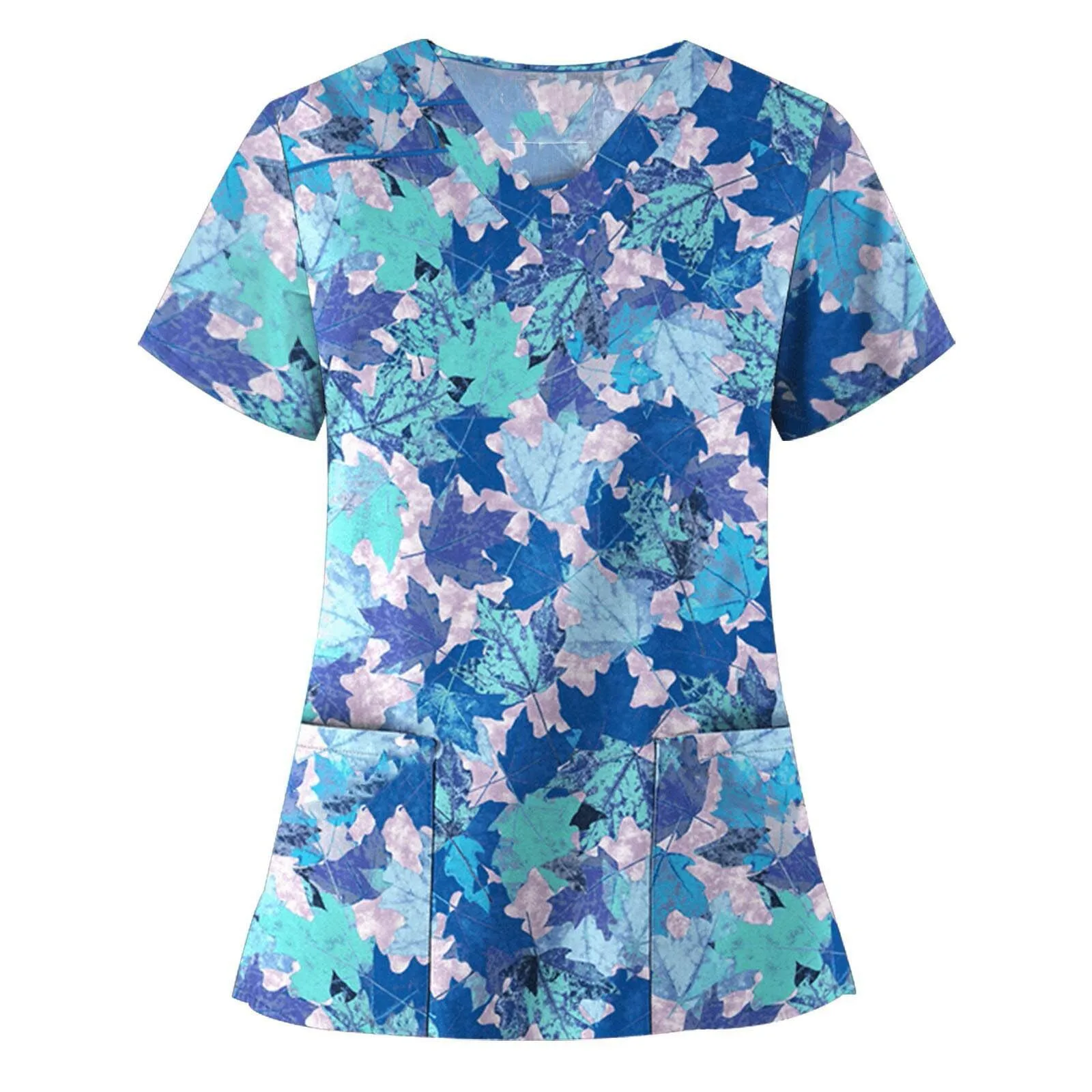 Women's Burst Floral Printed Short Sleeve V-Neck Pocket Fashion Comfortable Caregiver Tops Fitting Suitable Regular Uniform