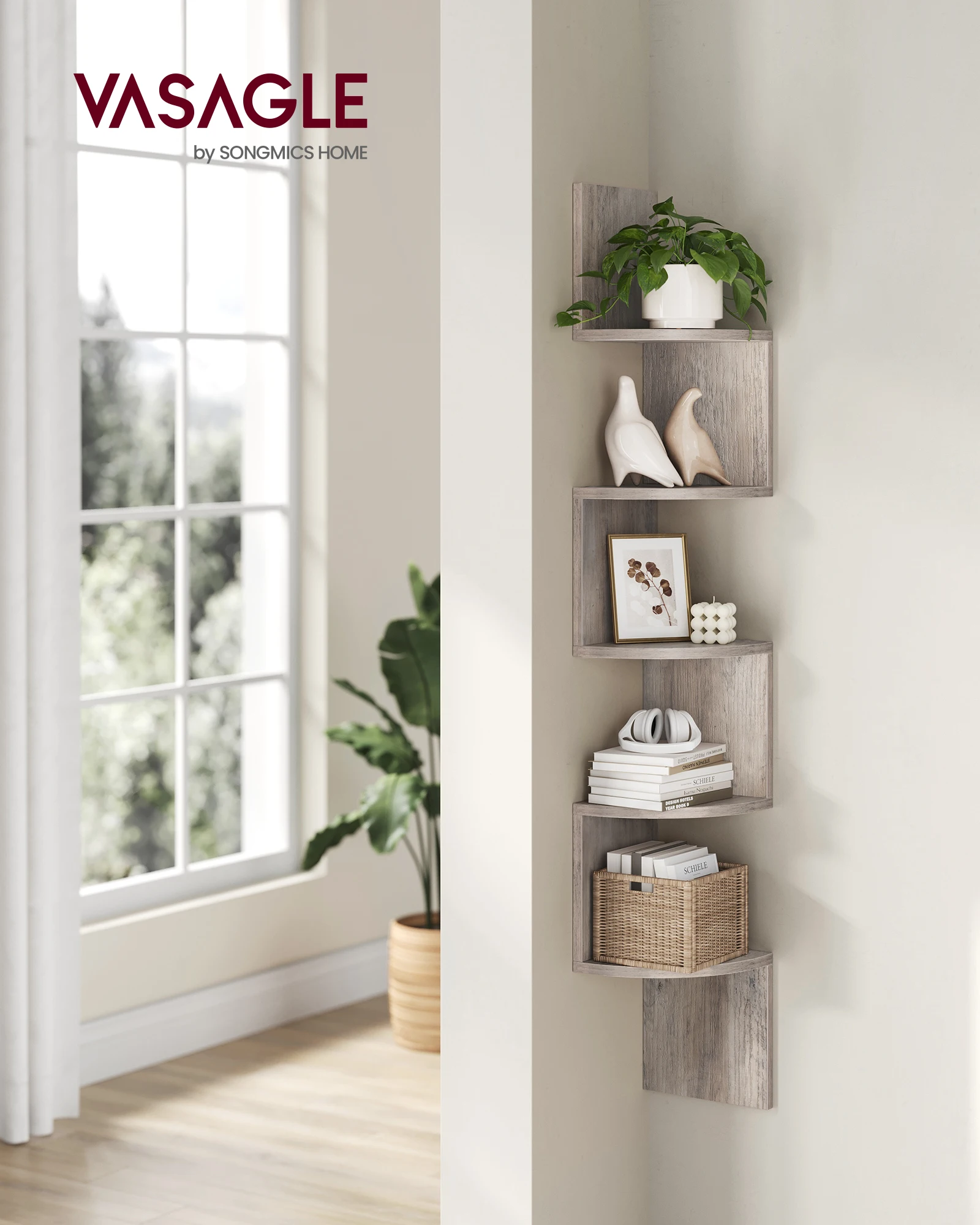 VASAGLE 5-niveau wandplank wandplank zwevende plank voor boeken boekenkast slaapkamer planten plank woonkamer
