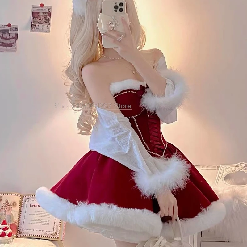 Precioso vestido rojo de sirvienta Lolita, trajes Kawaii de Halloween, falda de princesa, vestido de Navidad Kawaii, disfraz para mujer, traje de Papá Noel