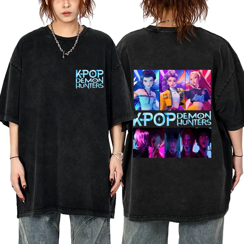 

Washed Vintage Cartoon Movie KPop Demon Hunters Saja Boys Rumi Mira Zoey T-shirt Men Women Fashion Oversized Tshirt Streetwear