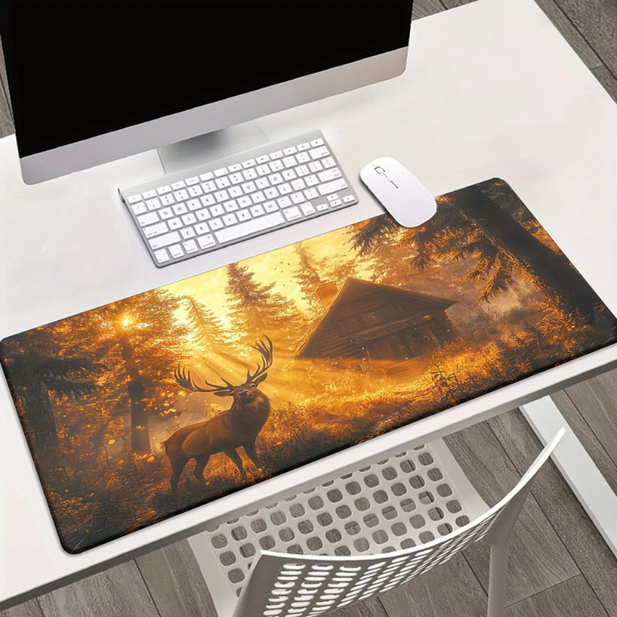 

1pc Sunlit Forest Cabin Mouse Pad - Non-Slip Rubber Desk Mat with Deer & Golden Sunlight Design, Ideal for Office & Gaming Setup
