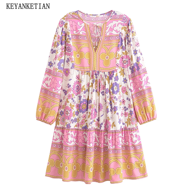 KEYANKETIAN Spring New Women's V-neck Lace up Lantern Long Sleeved Positioning Printed Loose Dress Beach Casual Mid Skirt