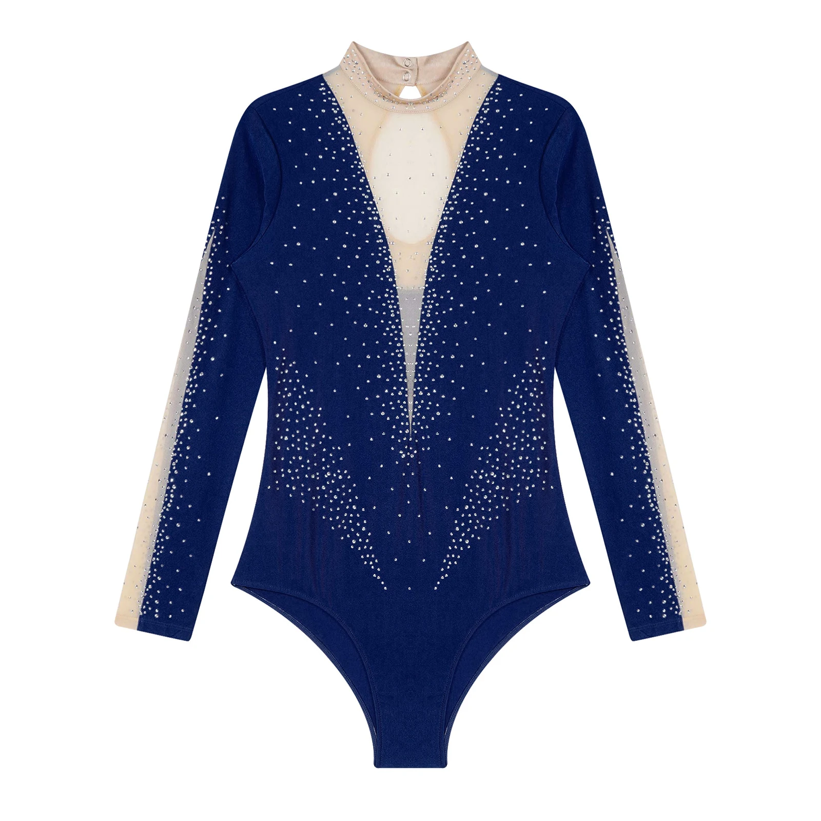 Womens Figure Skating Gymnastics Leotard Rhinestones Long Sleeve Ballet Dance Bodysuit Competition Stage Performance Dancewear