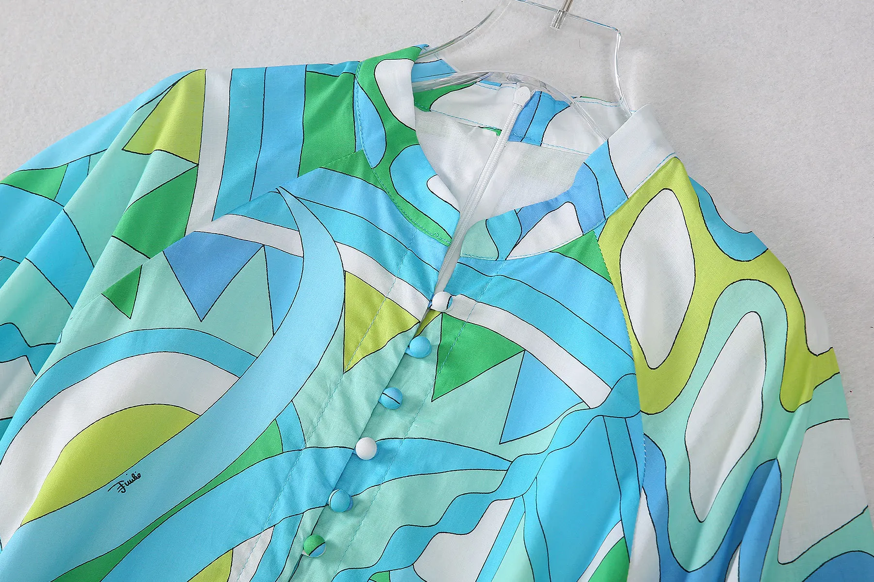 2025, Boho-Chic, grün bedrucktes A-Linien-Kleid für Damen, lässiges Baumwoll-Maxikleid mit hoher Taille und Stehkragen, Frühling und Herbst, locker