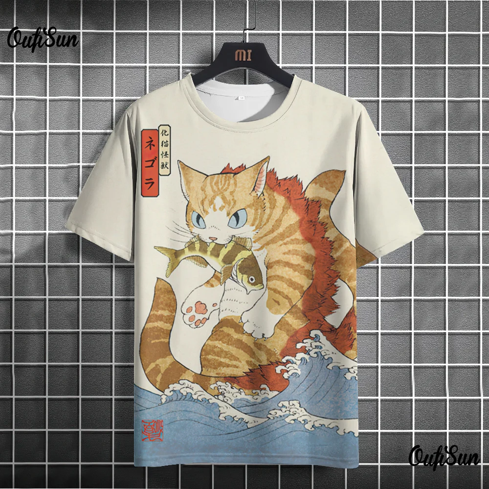 Anime Cat T-shirt For Men Summer O Neck Trendy Short Sleeve Tees Oversized Streetwear Casual Sweatshirt Male Basic Clothing Tops