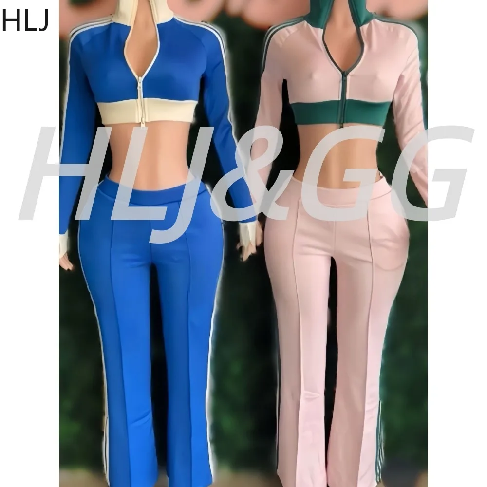ชุดเซ็ทสองชิ้นสไตล์สปอร์ตแบบแพทช์เวิร์ค คอลเลคชั่นฤดูใบไม้ร่วง HLJ สำหรับผู้หญิง เสื้อครอปแขนยาวติดซิปและกางเกงขายาว ลายทางแฟชั่น ชุดวอร์ม 2 ชิ้น