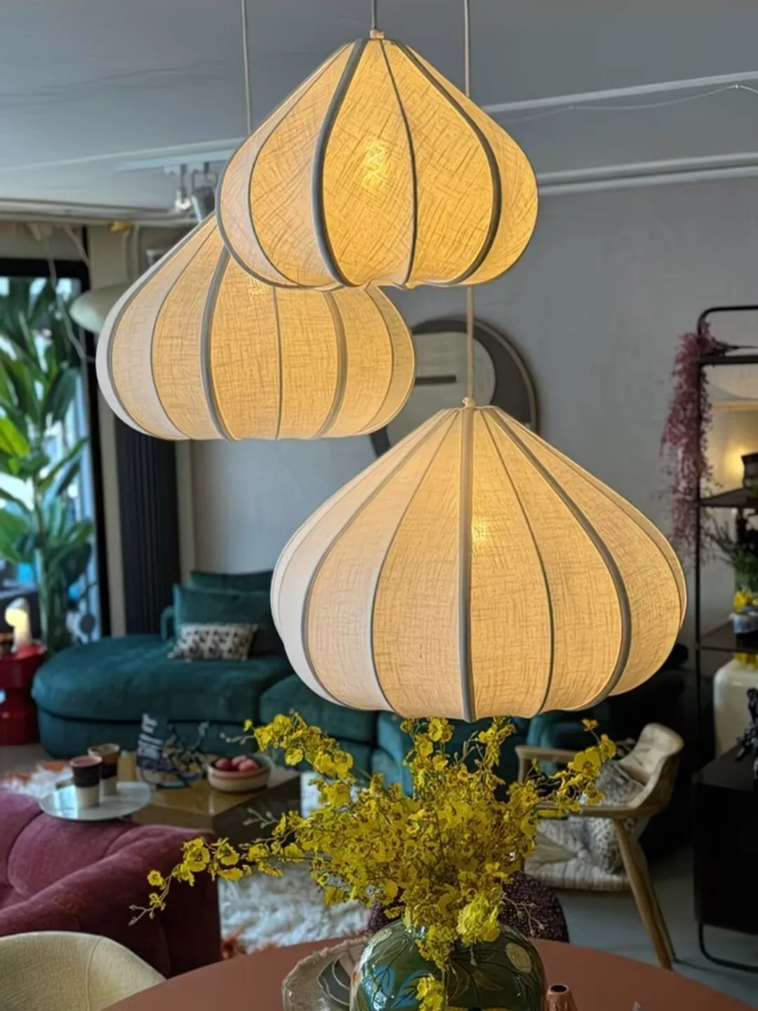 Linen pear shaped pendant lamp, mid century style guesthouse restaurant lamp, vintage fabric lamp for tea room and study room