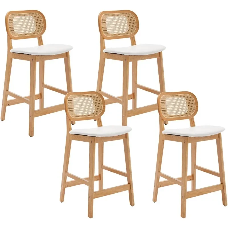 Rattan Counter Height Bar Stools Set of 4 Wood Farmhouse Barstools with Cane Back Faux Leather Kitchen Island Chairs