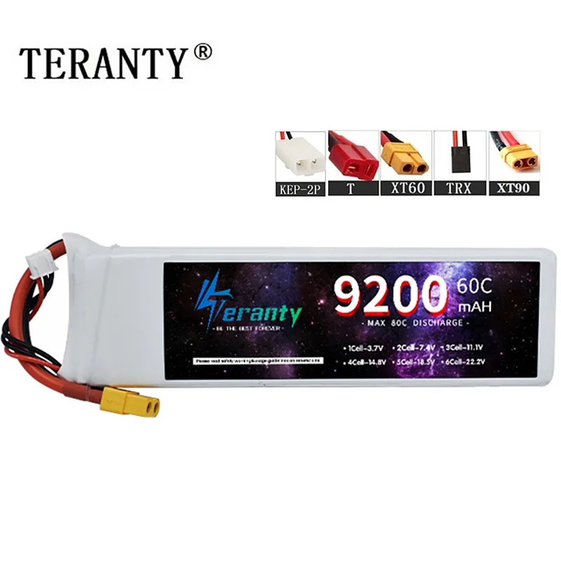 

TERANTY 7.4v Lithium Battery 2S 9200mAh 60C Lipo Battery For RC Racing Car Model Drones Boats Airplane FPV With XT60 Connector