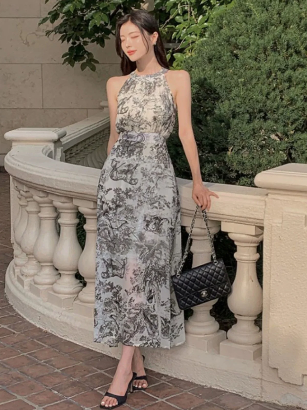 Retro Summer Watercolor Print Slimming Long Svel Dr Women's Hang Ne Sle Korean Version Polyester Fiber Vest Dr
