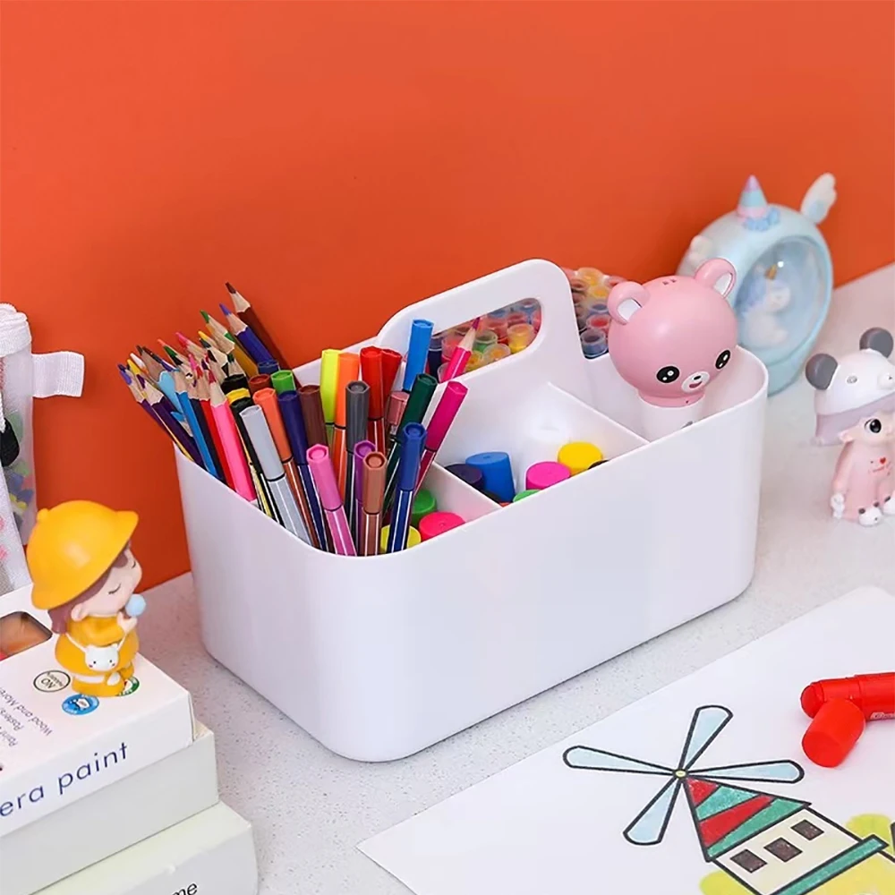 New Desktop Marker Holder Art Supply Storage Box Cosmetic Plastic Storage Basket With Handle  Pencil Pen Stationery Storage Case