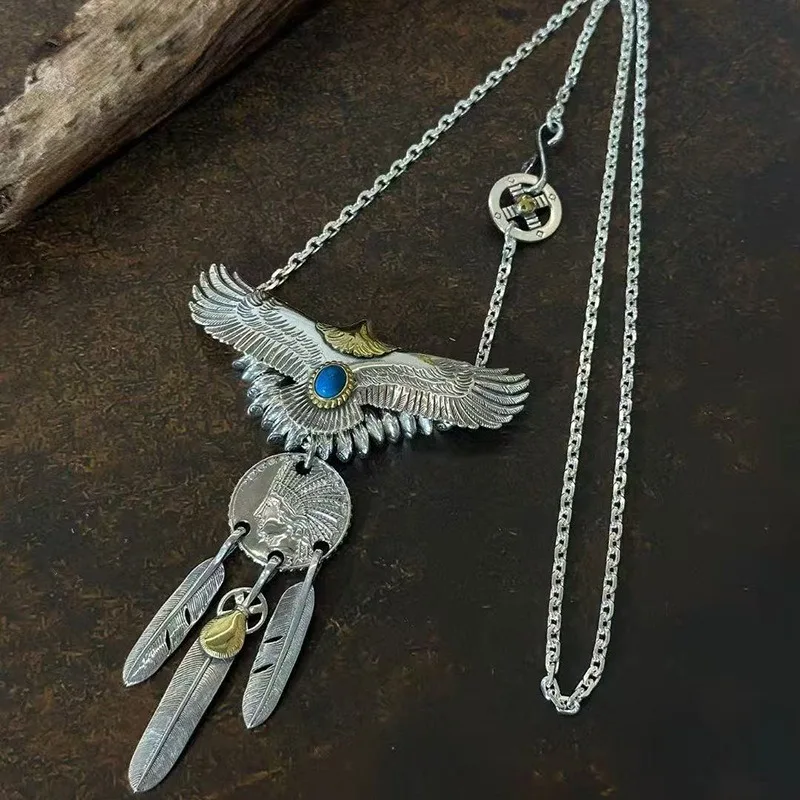 Vintage Carved Gold-dipped Flying Eagle Feather Pendant Sweater Chain, Trendy Simple Versatile Long Necklace Jewelry