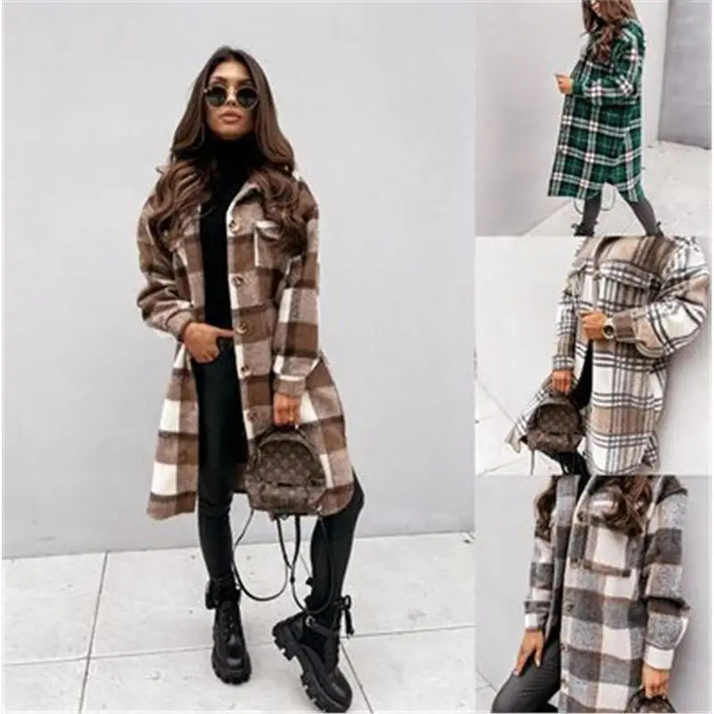 

Women's Long Plaid Printed irt Jaet Faion PU Material Regular Sve Length Autumn Season Other Brand Premium Ladi...