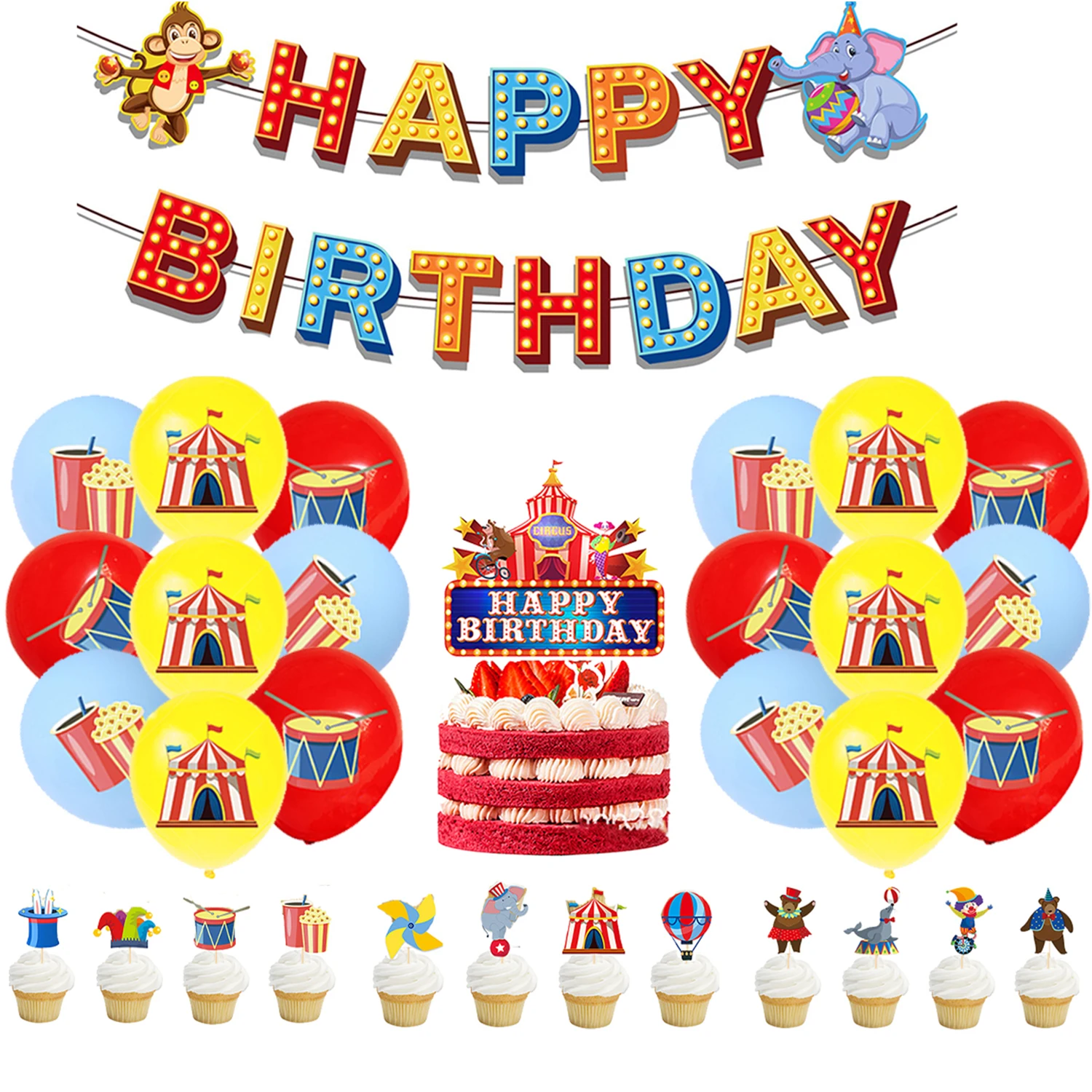 Circus Troup Set Birthday Decorations for Party, Disposable Balloon Banner, Cake Topper, Cake Insert, Theme Scene Decors