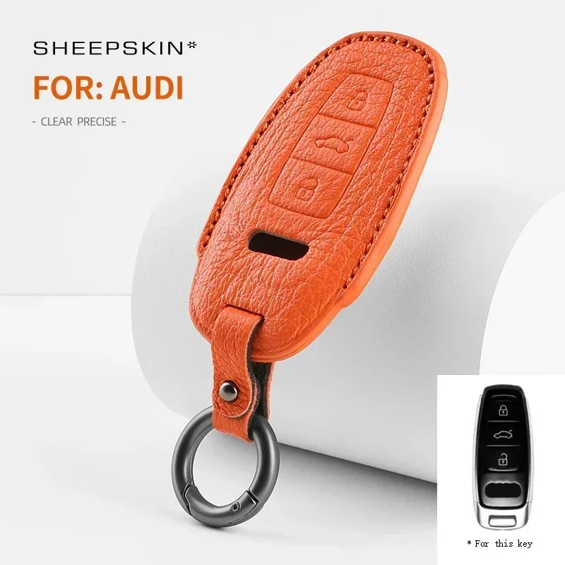 

For Audi A1 A3 A4 A5 A6 A7 A8 Q3 Q5 Q7 2020 2021 2022 2023 GoatSkin Leather Car Remote Sheepskin Key Cover Case Shell Keychain