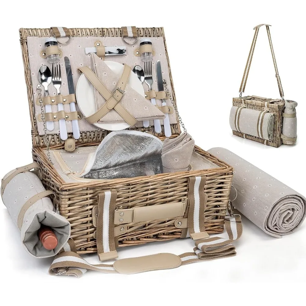 

19Pcs Picnic Basket for 2 with Insulated Liner and Waterproof Picnic Blanket Wine Pouch