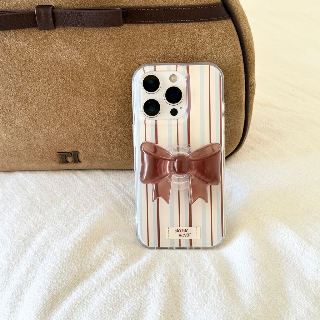 الخريف الشتاء بسيط الأزرق البني شريط Bowknot مع حامل للصدمات واقية غطاء الهاتف آيفون 17 16 15 14 برو ماكس