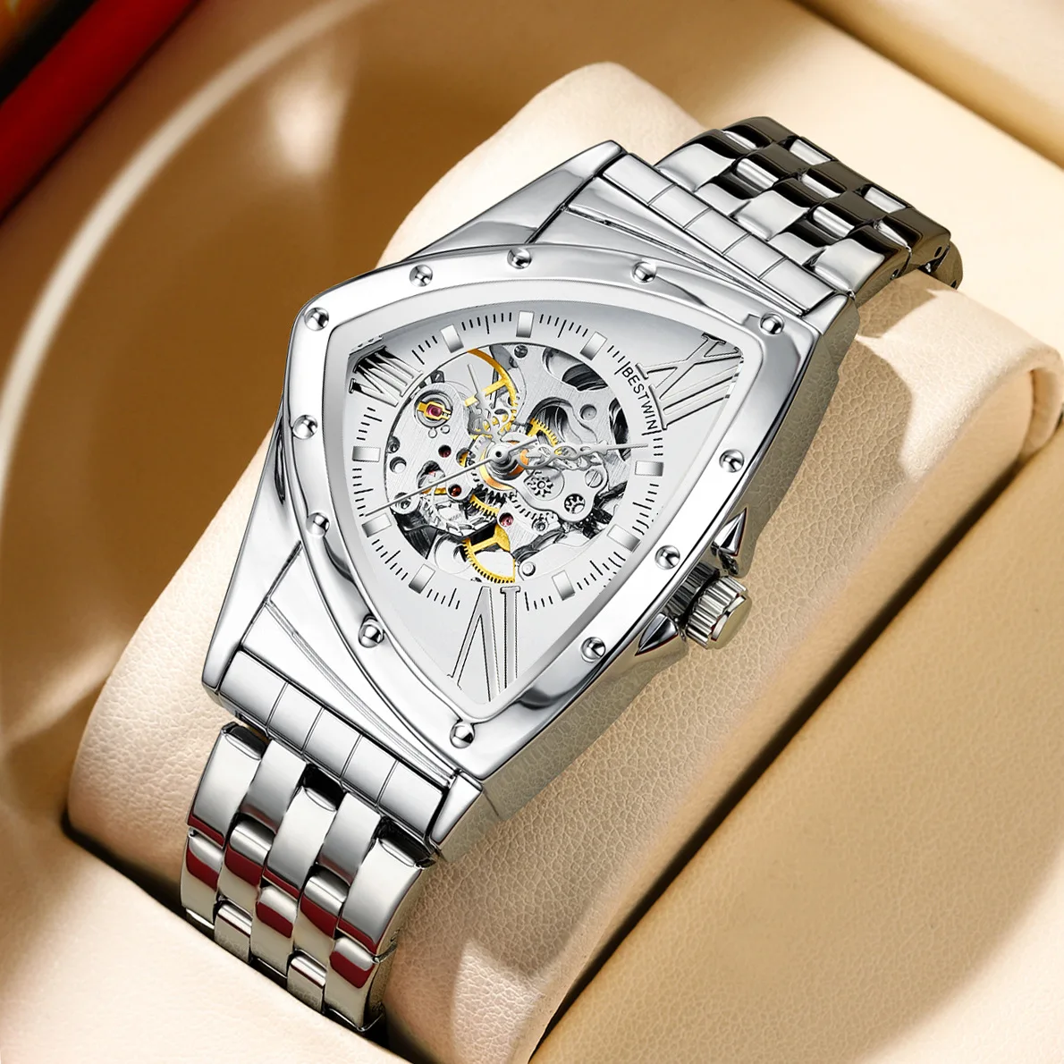 

Fashion Men's Mechanical Watch Stainless Steel Strap Triangle Skeleton Self Winding Automatic Business Clock