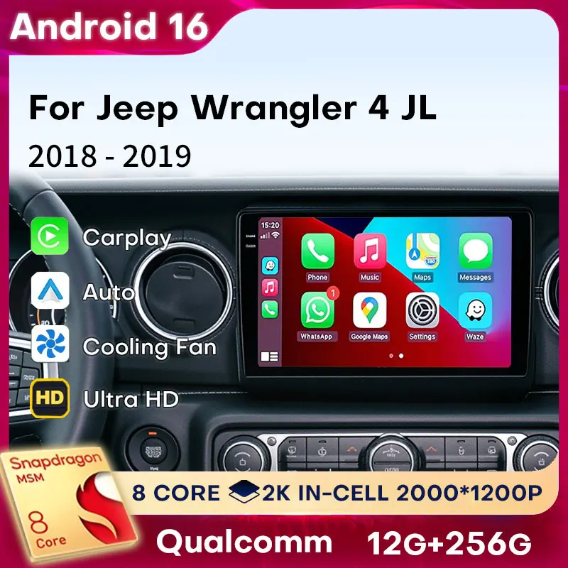 Android 16 Car Radio For Jeep Wrangler 4 JL 2018 - 2019 4G WIFI Qualcomm DVD 2K QLED GPS Navigation Head Unit Viedo Player BT